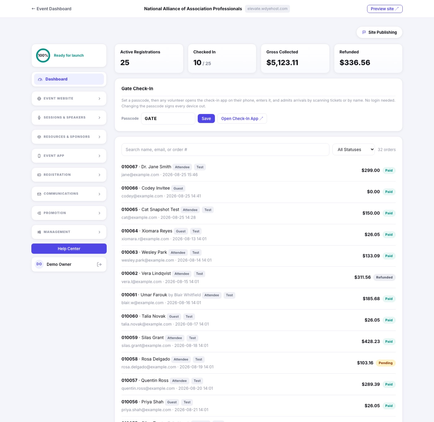 The registration Dashboard listing orders with their status and totals