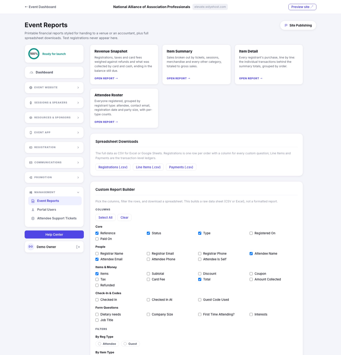 Event Reports with printable report tiles and the Custom Report Builder