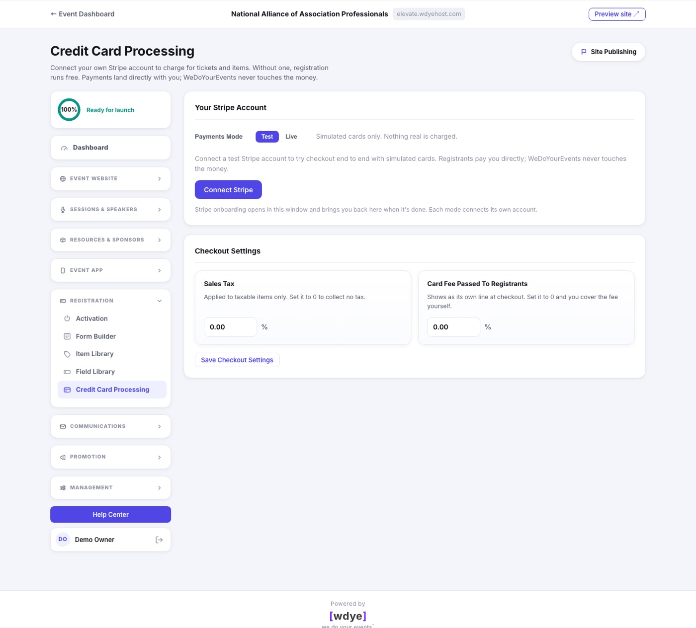 The Credit Card Processing page where you connect a Stripe account