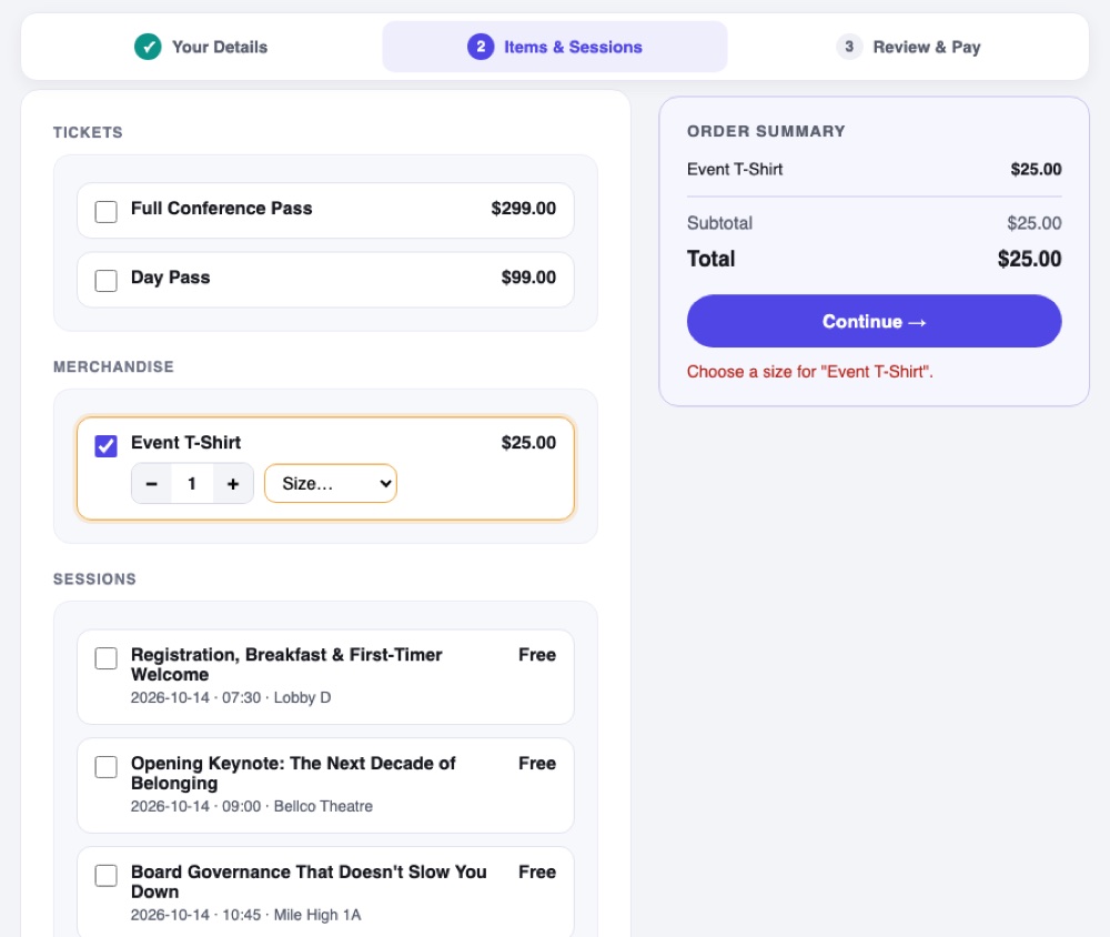 The items step with a t-shirt selected but no size chosen: the item is outlined in amber and the order summary reads Choose a size for Event T-Shirt