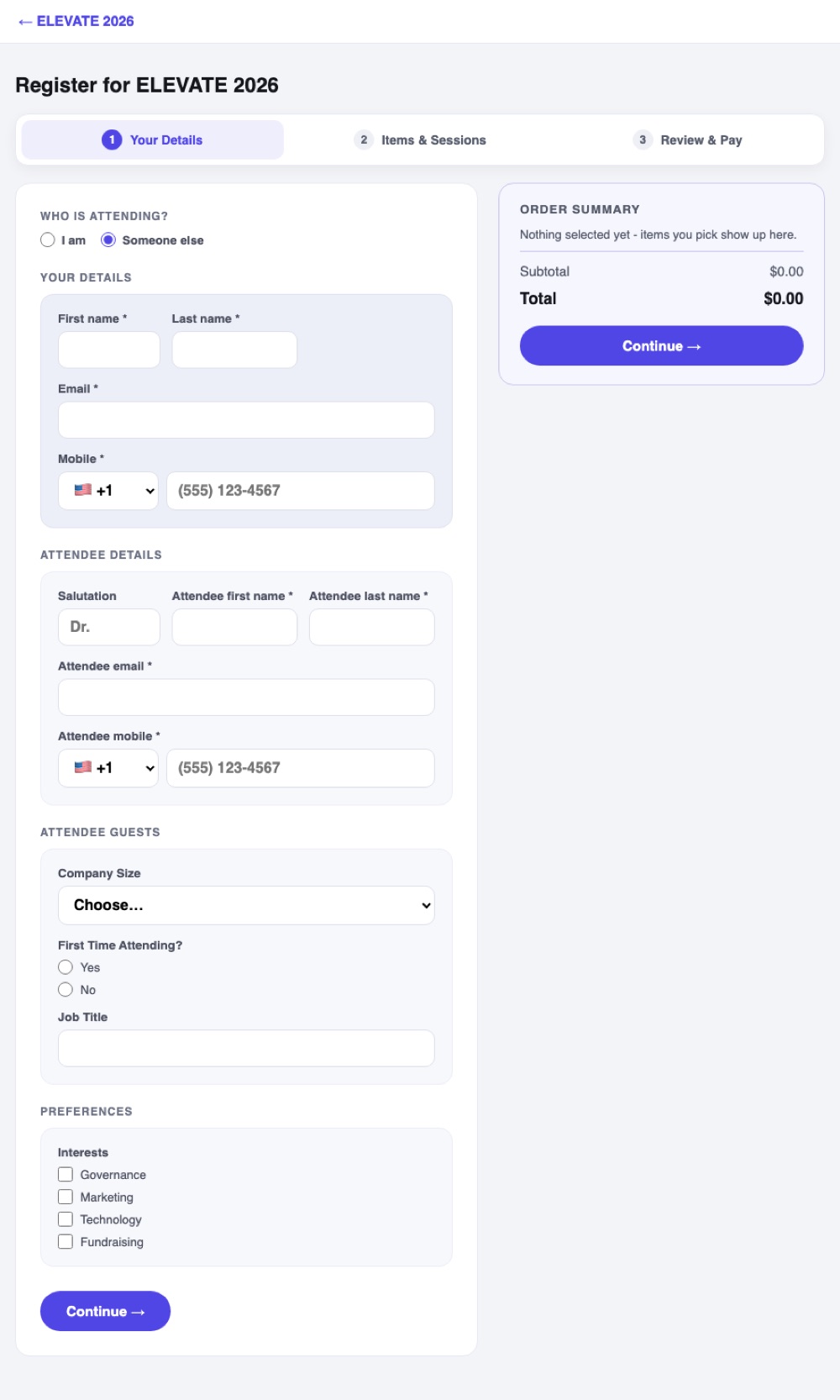 The registration form with Someone else chosen: a shaded Your Details block for the registrar above a separate Attendee Details block