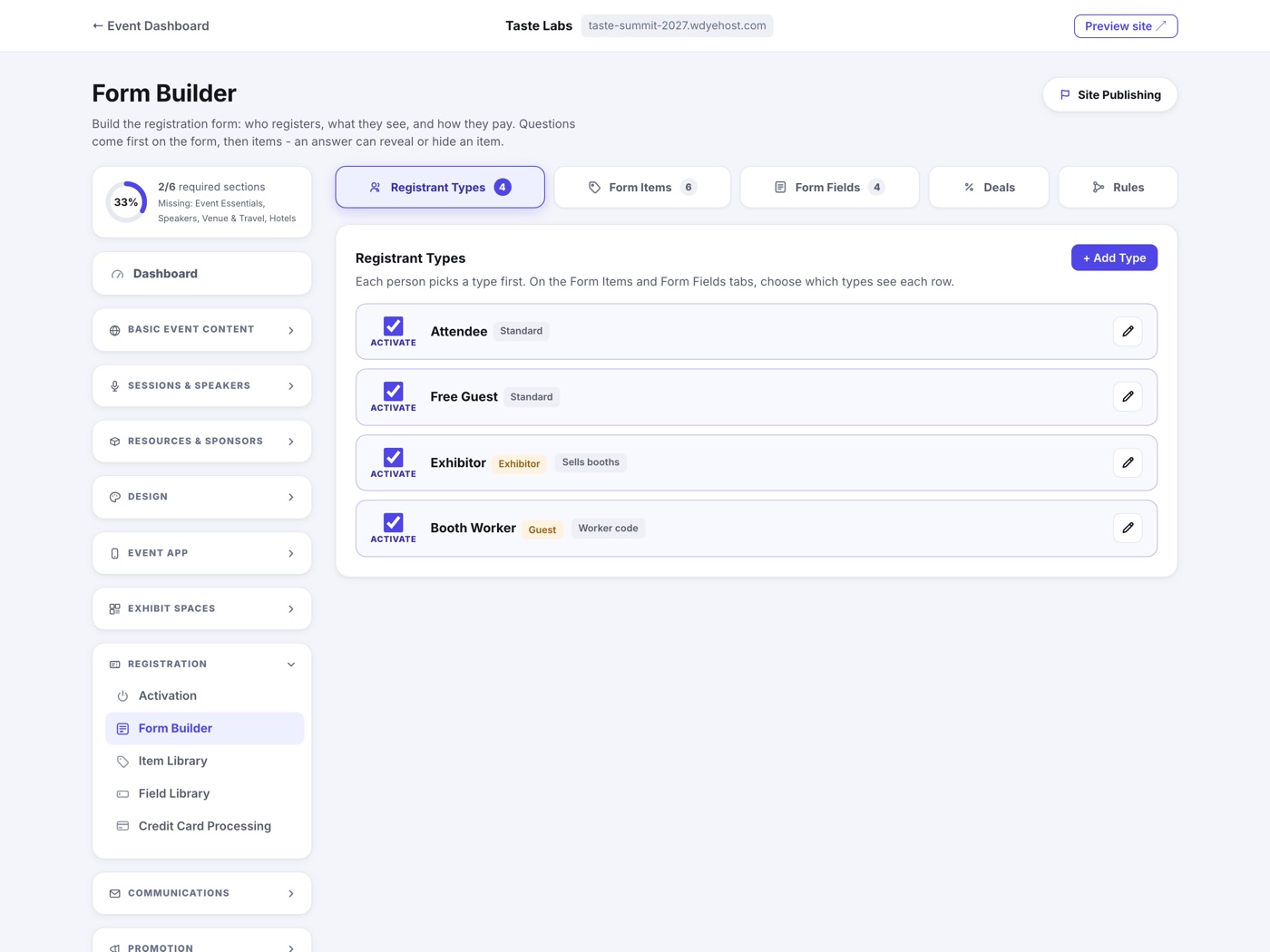 The Form Builder Registrant Types tab: each type shows a classification pill - Standard, Guest, or Exhibitor