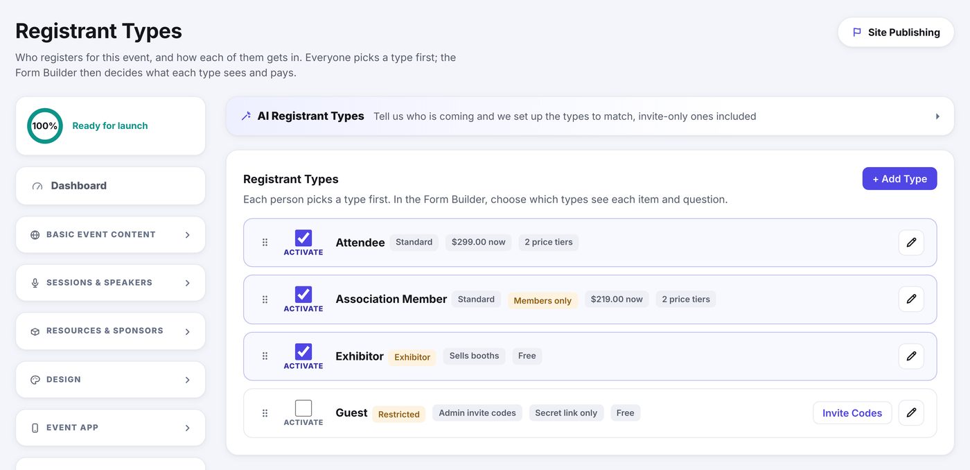 The Registrant Types page listing Attendee, Association Member, Exhibitor and Guest, each with its classification, price and tier count