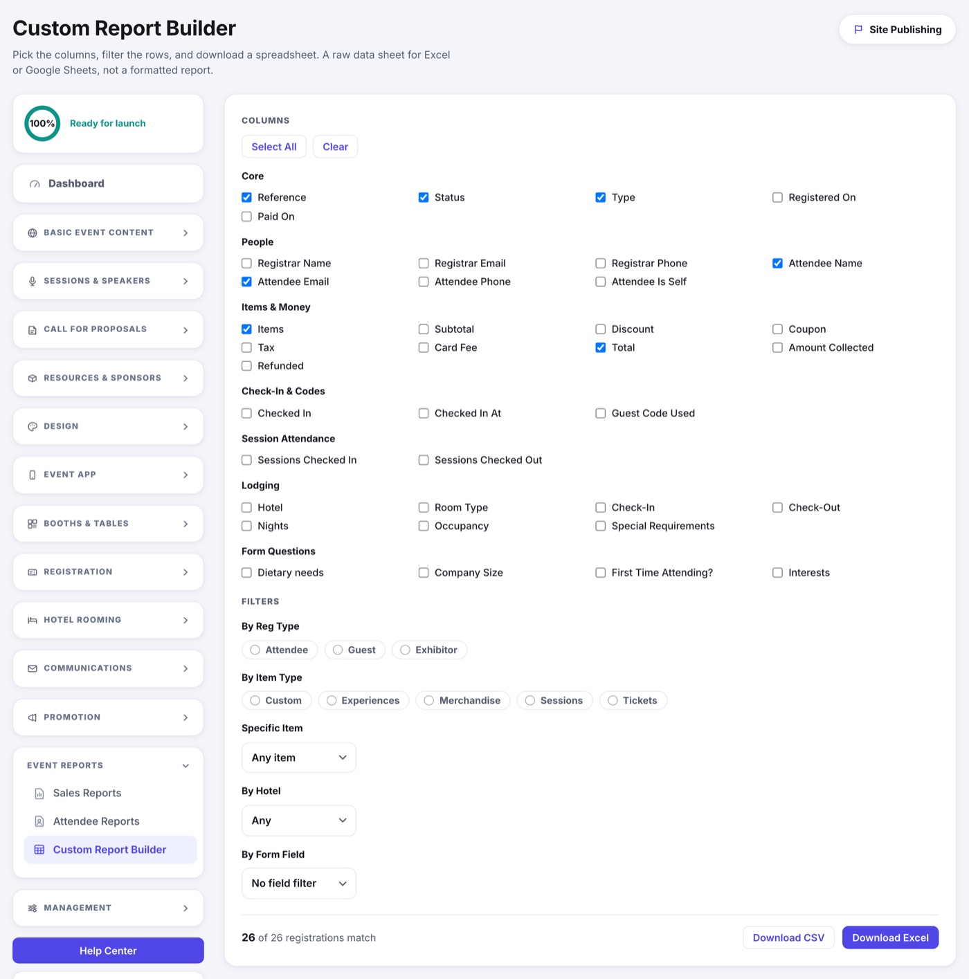 The Custom Report Builder: column checkboxes grouped as Core, People, Items and Money, Check-In and Codes, Session Attendance, Lodging and Form Questions, then the filters and the two download buttons