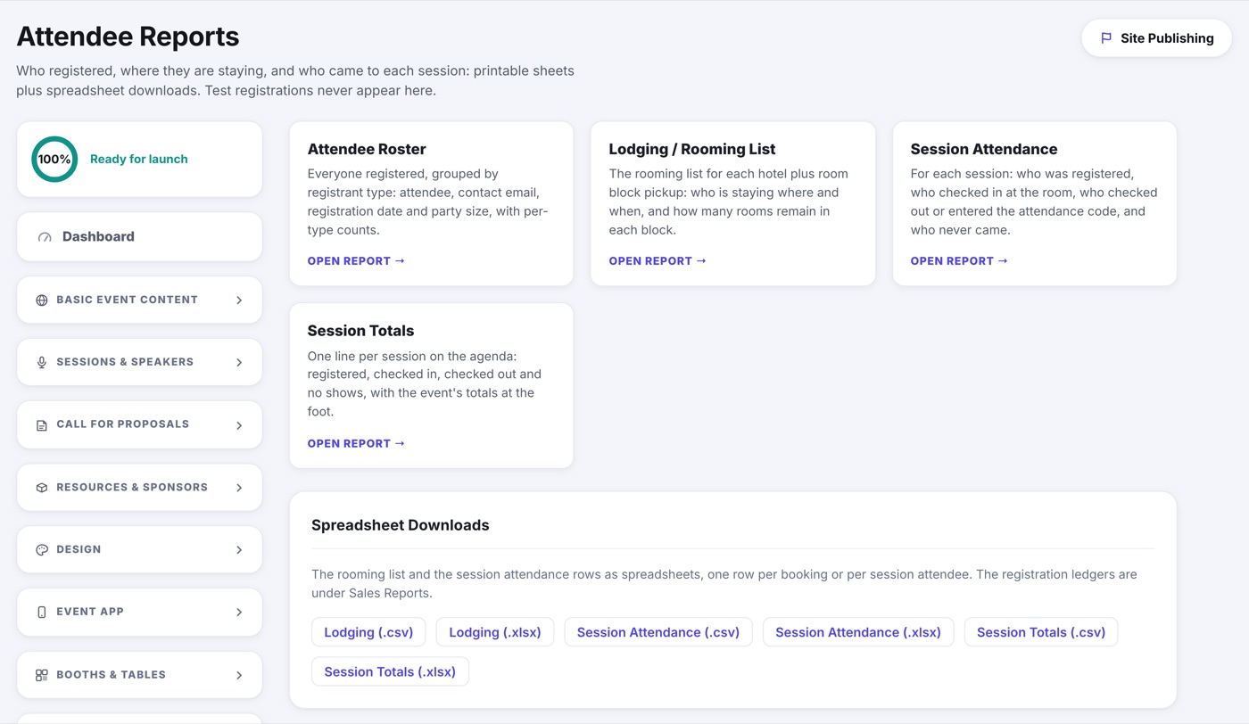 The Attendee Reports page: cards for Attendee Roster, Lodging / Rooming List, Session Attendance and Session Totals, above a Spreadsheet Downloads card