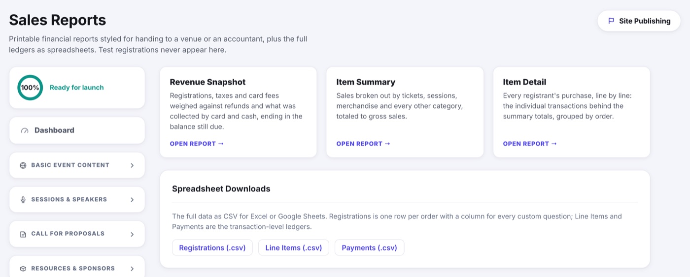 The Sales Reports page: cards for Revenue Snapshot, Item Summary and Item Detail, above a Spreadsheet Downloads card offering Registrations, Line Items and Payments as CSV