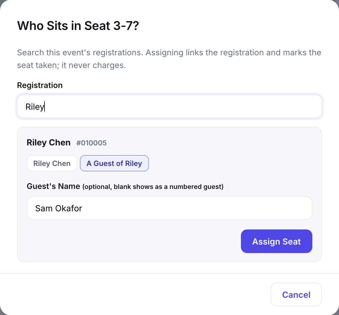 The Who Sits in Seat 3-7 modal: Riley Chen picked, the choice between Riley Chen and A Guest of Riley, and a Guest's Name box holding Sam Okafor