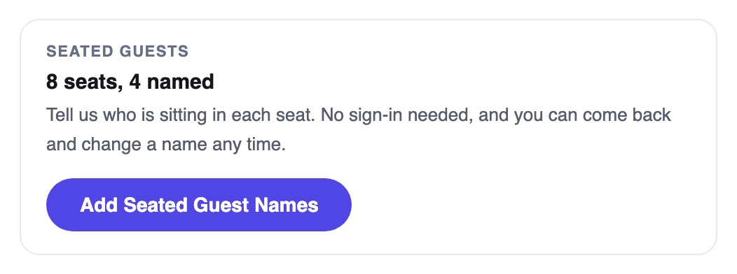 The Seated Guests card in the confirmation email: 8 seats, 4 named, and the Add Seated Guest Names button