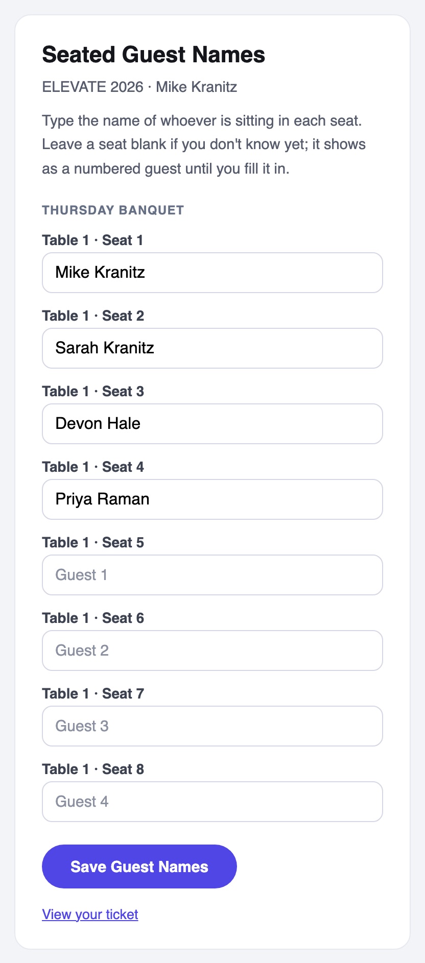 The Seated Guest Names page on a phone: Table 1 seats 1 to 8, four with names and four showing Guest 1 to Guest 4, and a Save Guest Names button