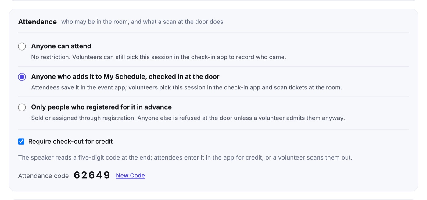The Attendance block in the Agenda item editor: three rules as radio buttons, the Require check-out for credit checkbox, and the five-digit attendance code with a New Code link