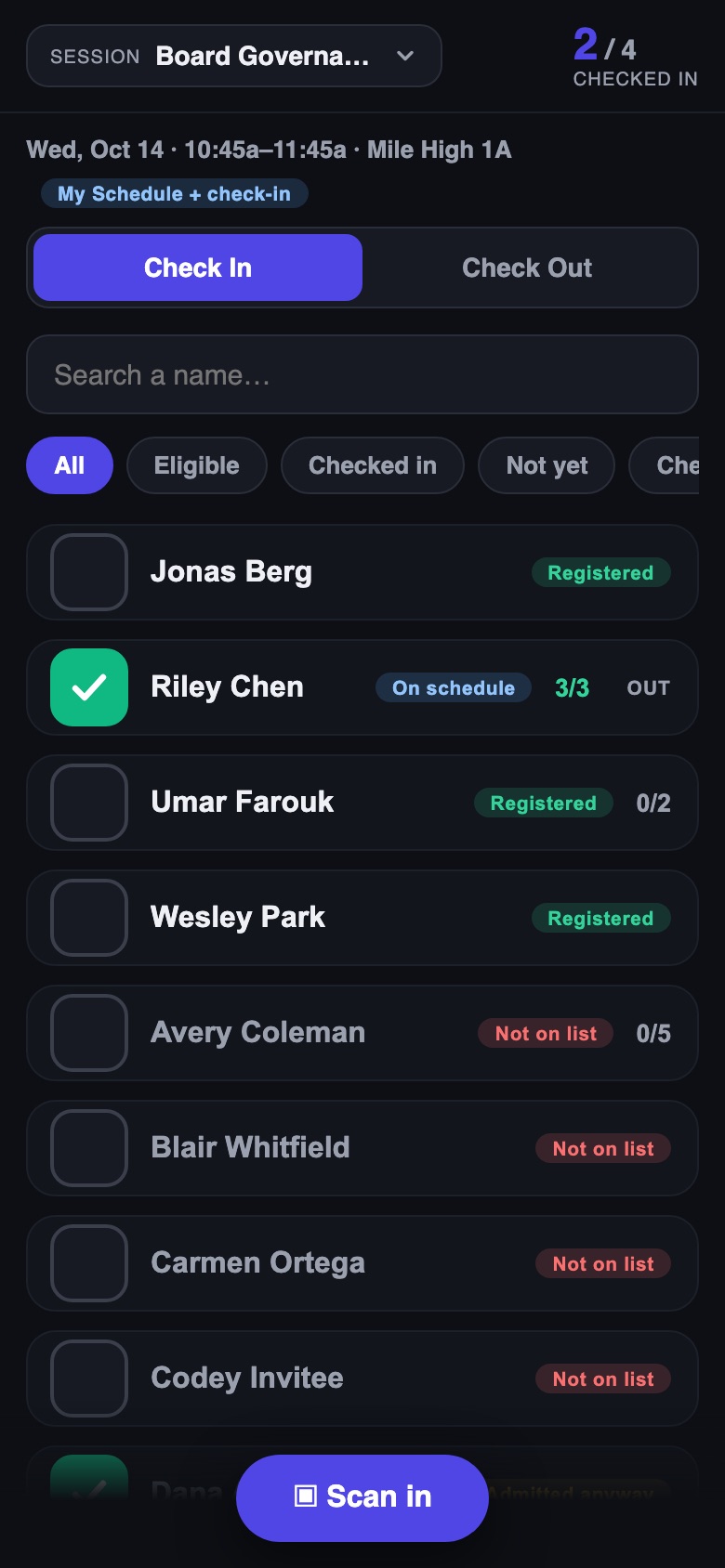 The check-in app in session mode: the Check In / Check Out toggle, and rows marked Registered, On schedule or Not on list