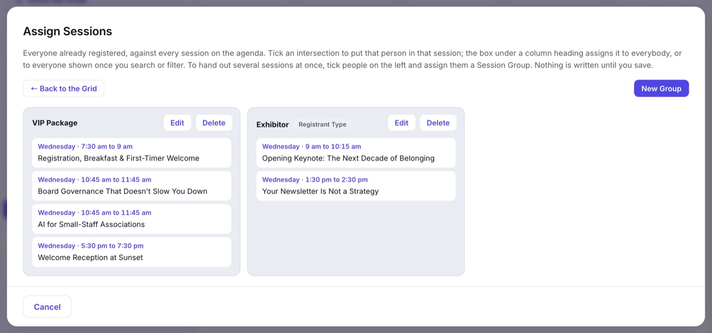 The Assign Sessions window's group builder: a VIP Package group holding four sessions and an Exhibitor group named for the registrant type holding two
