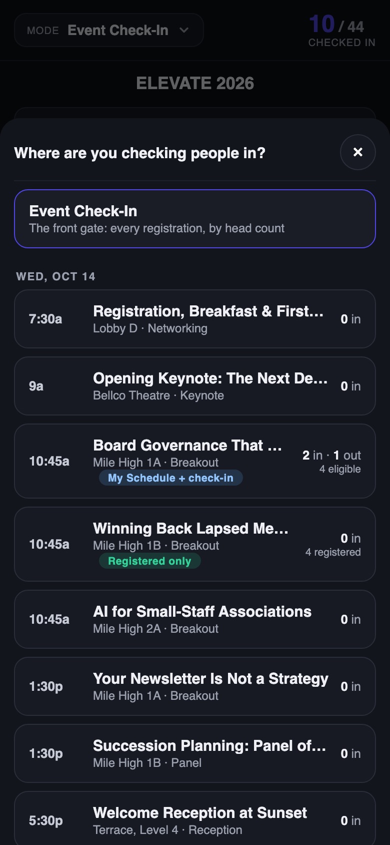 The check-in app's mode sheet listing Event Check-In and the day's sessions with their rules and tallies
