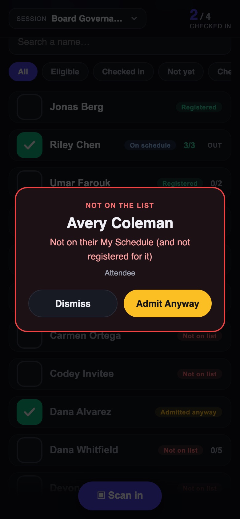 A refused scan: a red card naming the attendee and the reason, with Dismiss and Admit Anyway buttons