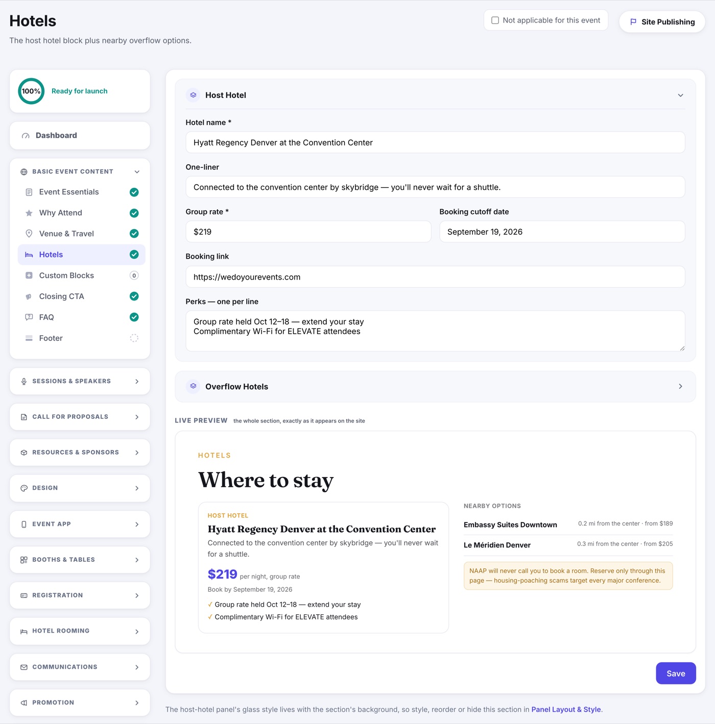 The Hotel Panel editor: a list of hotels with name, distance from the venue and a booking link, with the Not applicable checkbox in the corner