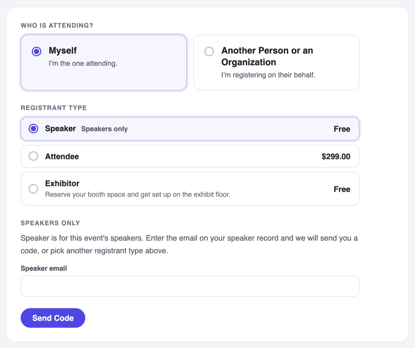 The registration form with the Speaker type chosen and its Speakers Only box asking for the speaker email and a Send Code button