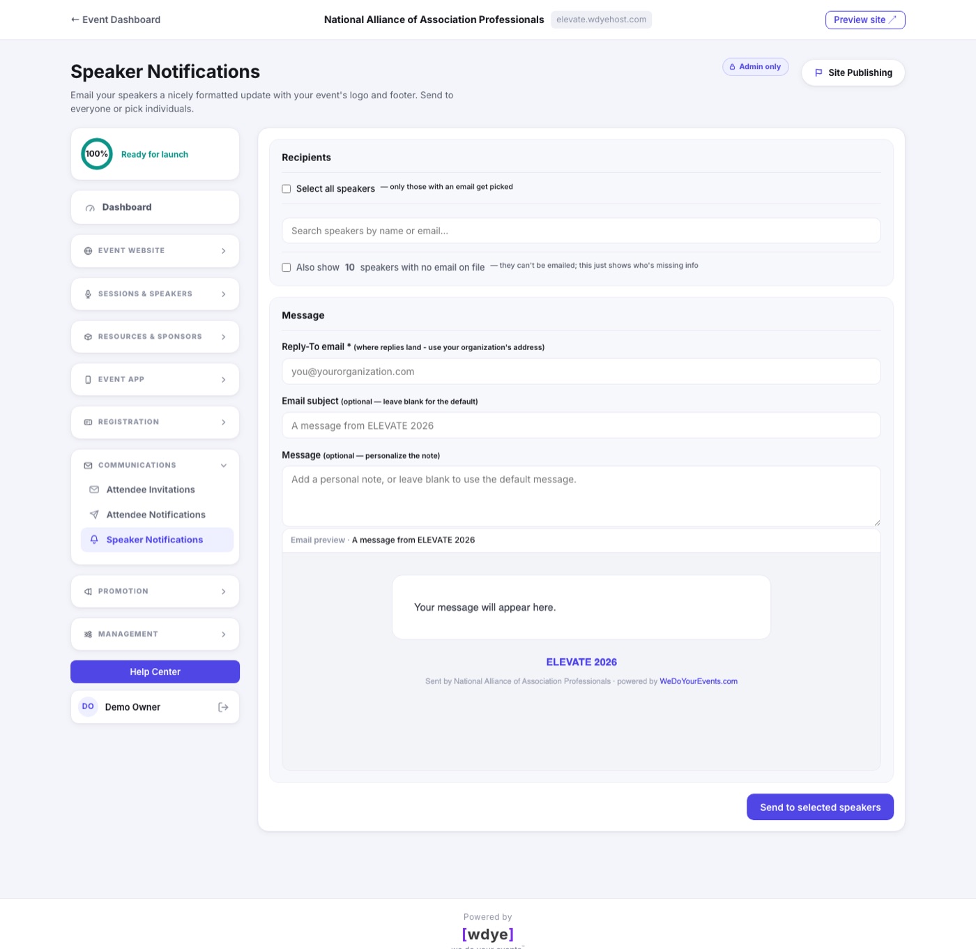 The Speaker Notifications page with the speaker checklist and message composer