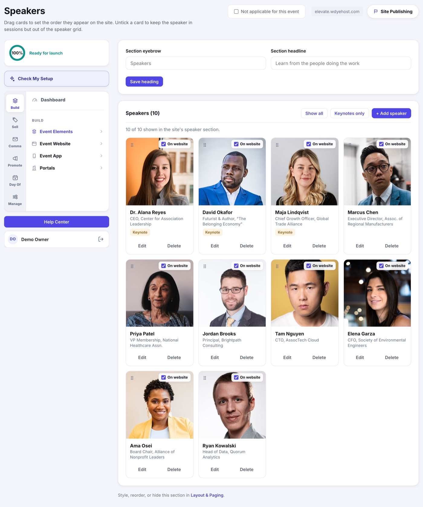 The Speakers page: the section heading fields and the grid of speaker cards with headshots, keynote pills and On website switches