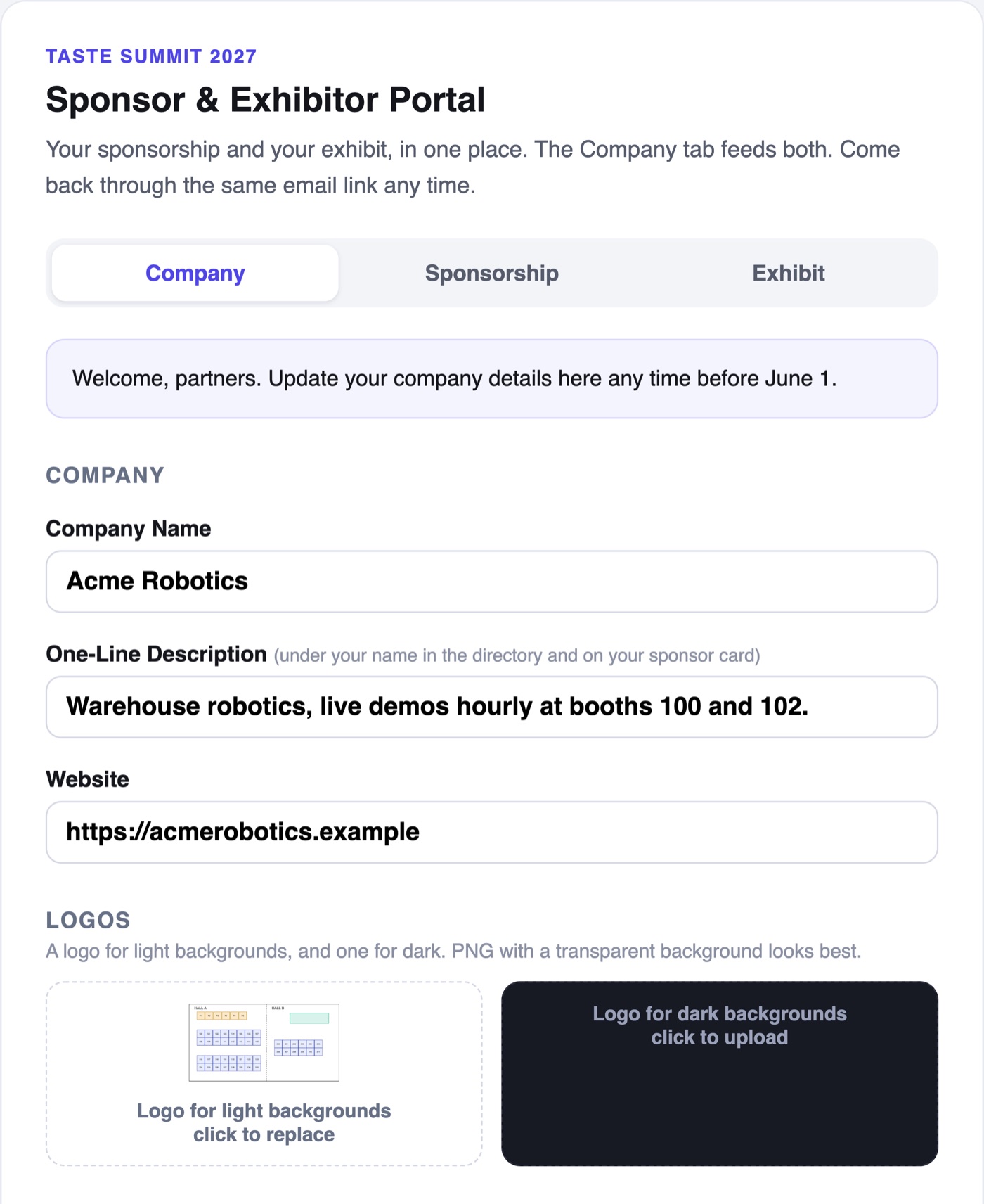 The Sponsor & Exhibitor Portal: the event name, Company, Sponsorship and Exhibit tabs, your intro for the Company tab, and the company name, one-line description, website and logo fields
