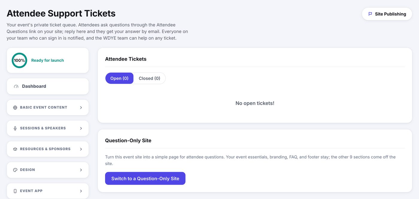 The Attendee Support Tickets page: Open and Closed tabs over the ticket queue
