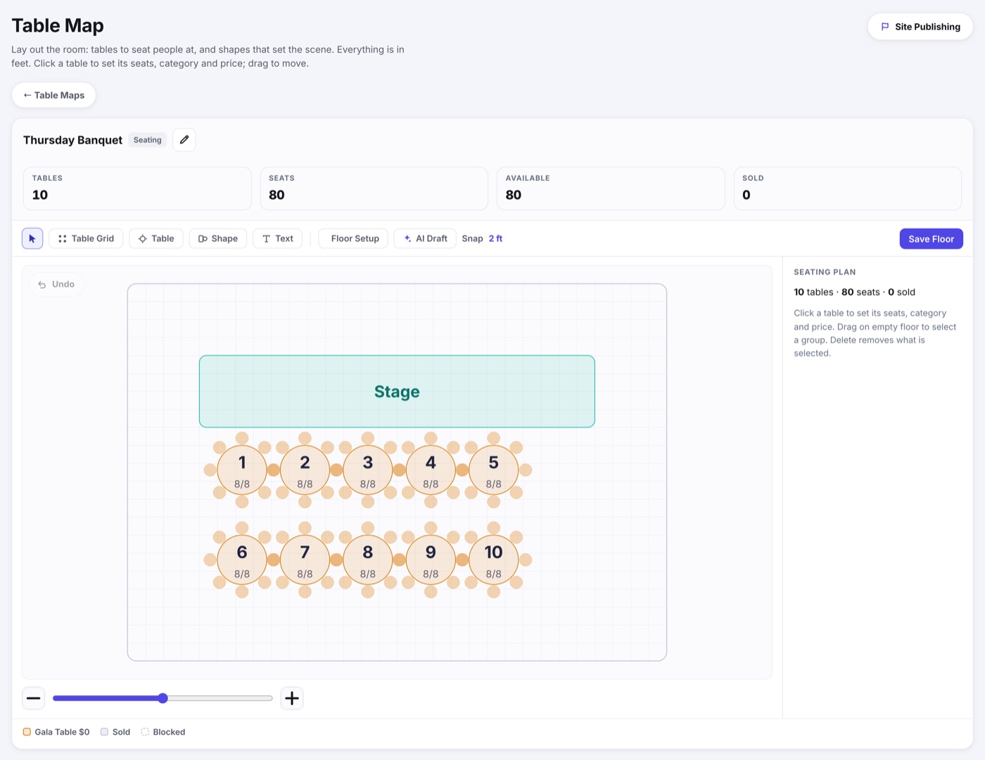 The table map editor: a Thursday Banquet floor with a stage and ten round tables of eight, the tables, seats, available and sold tiles above, and the seating plan panel beside it