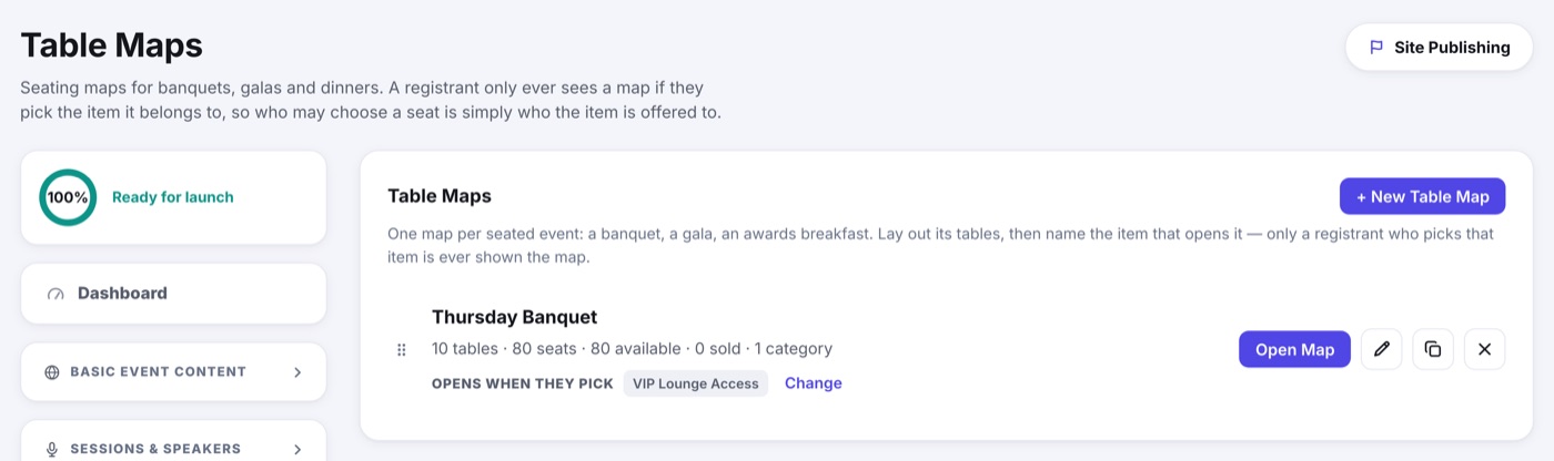 The Table Maps page: the Thursday Banquet map with its table and seat counts, and an Opens When They Pick row naming the item that reveals it