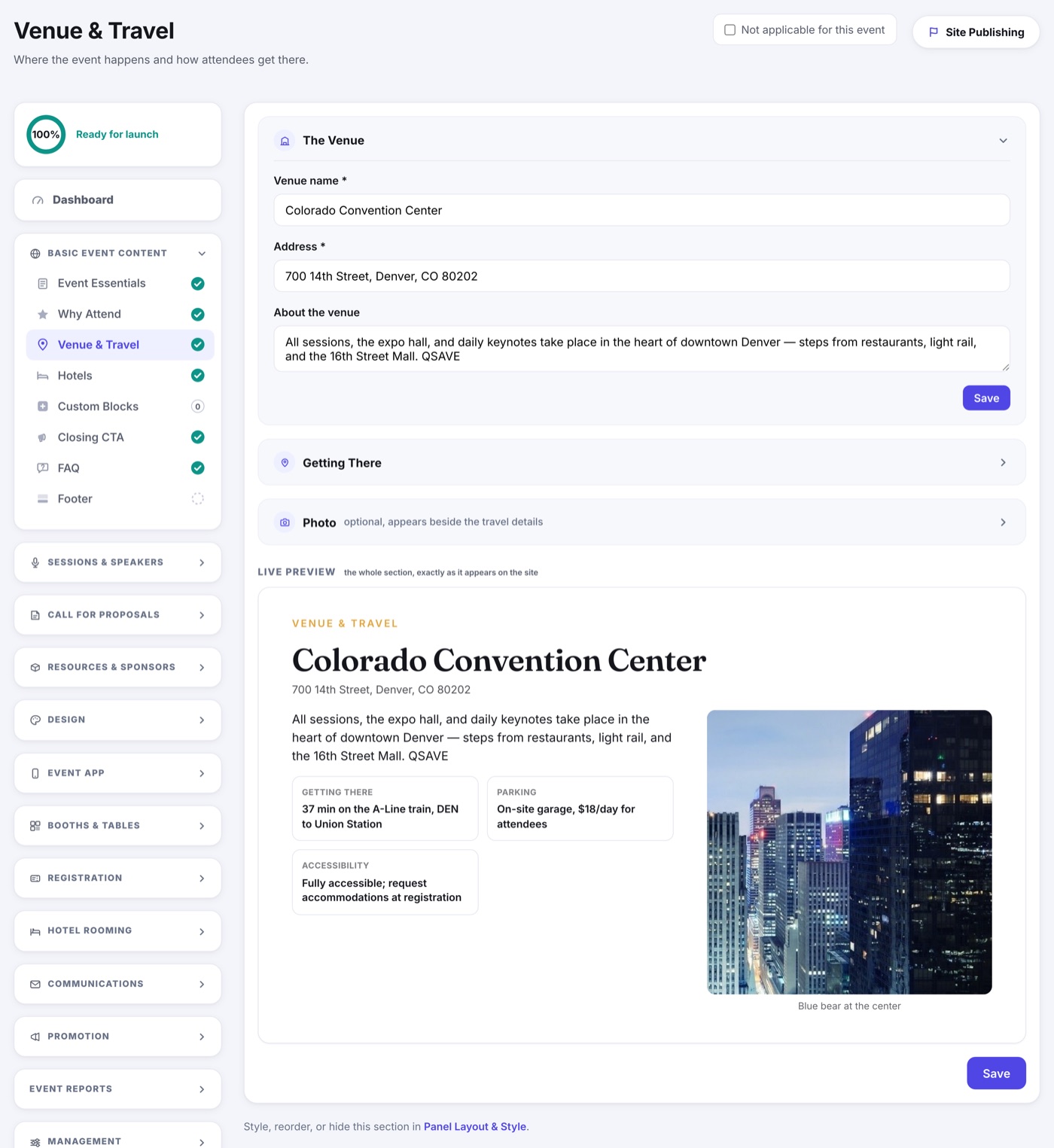 The venue editor: venue name, address, map and the travel notes that appear on the site