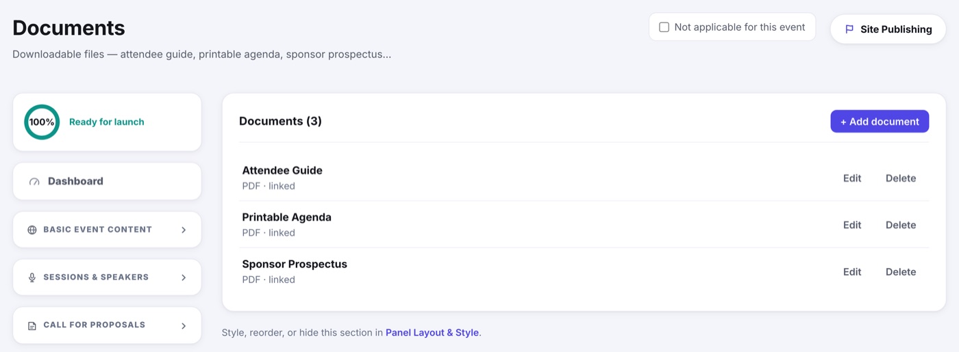 The Documents editor: uploaded files with their titles and descriptions