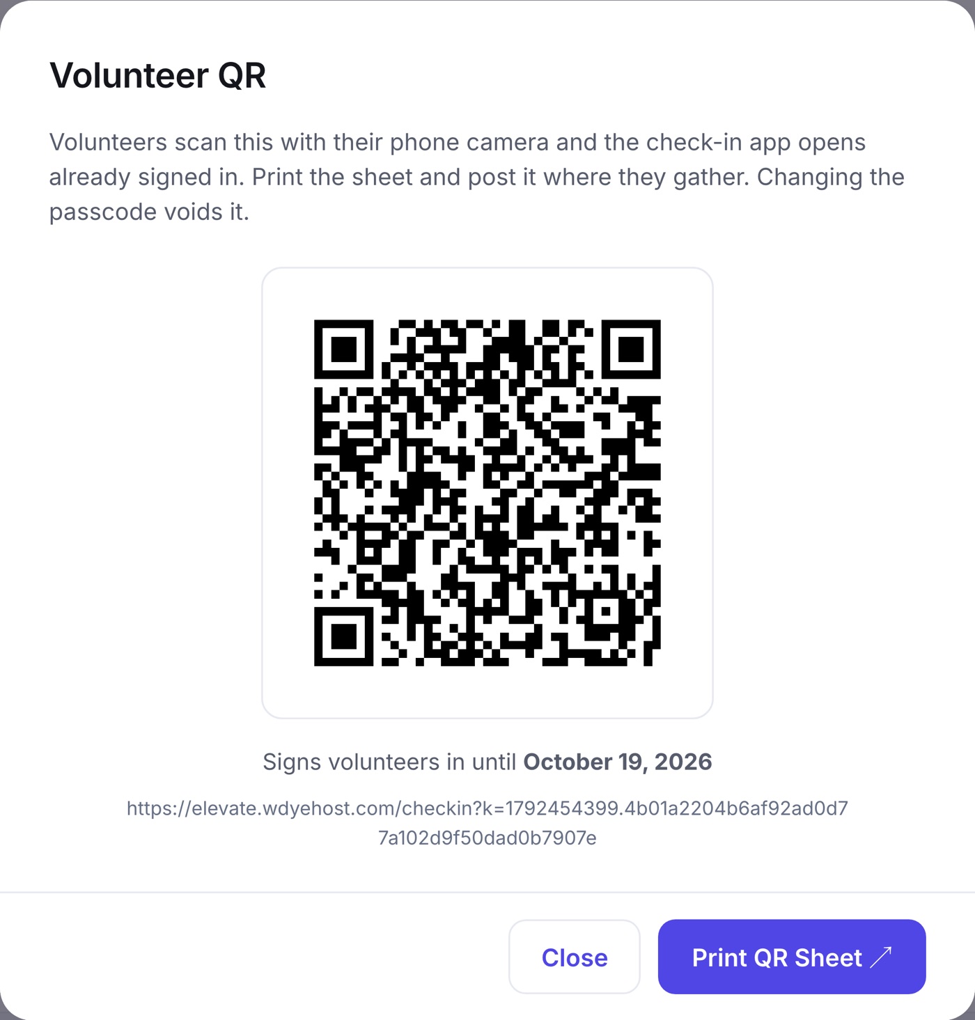 The Volunteer QR modal: a QR code, the date it signs volunteers in until, the link it encodes, and Close and Print QR Sheet buttons