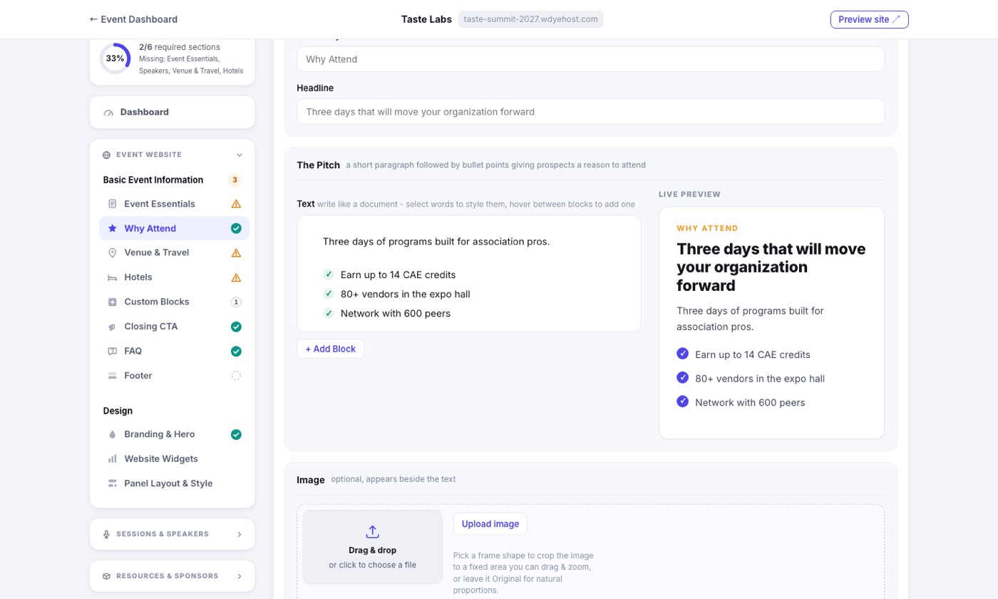 The Why Attend editor: the eyebrow and headline fields above a document surface holding a paragraph and a green checkmark list, with a live preview of the finished section beside it