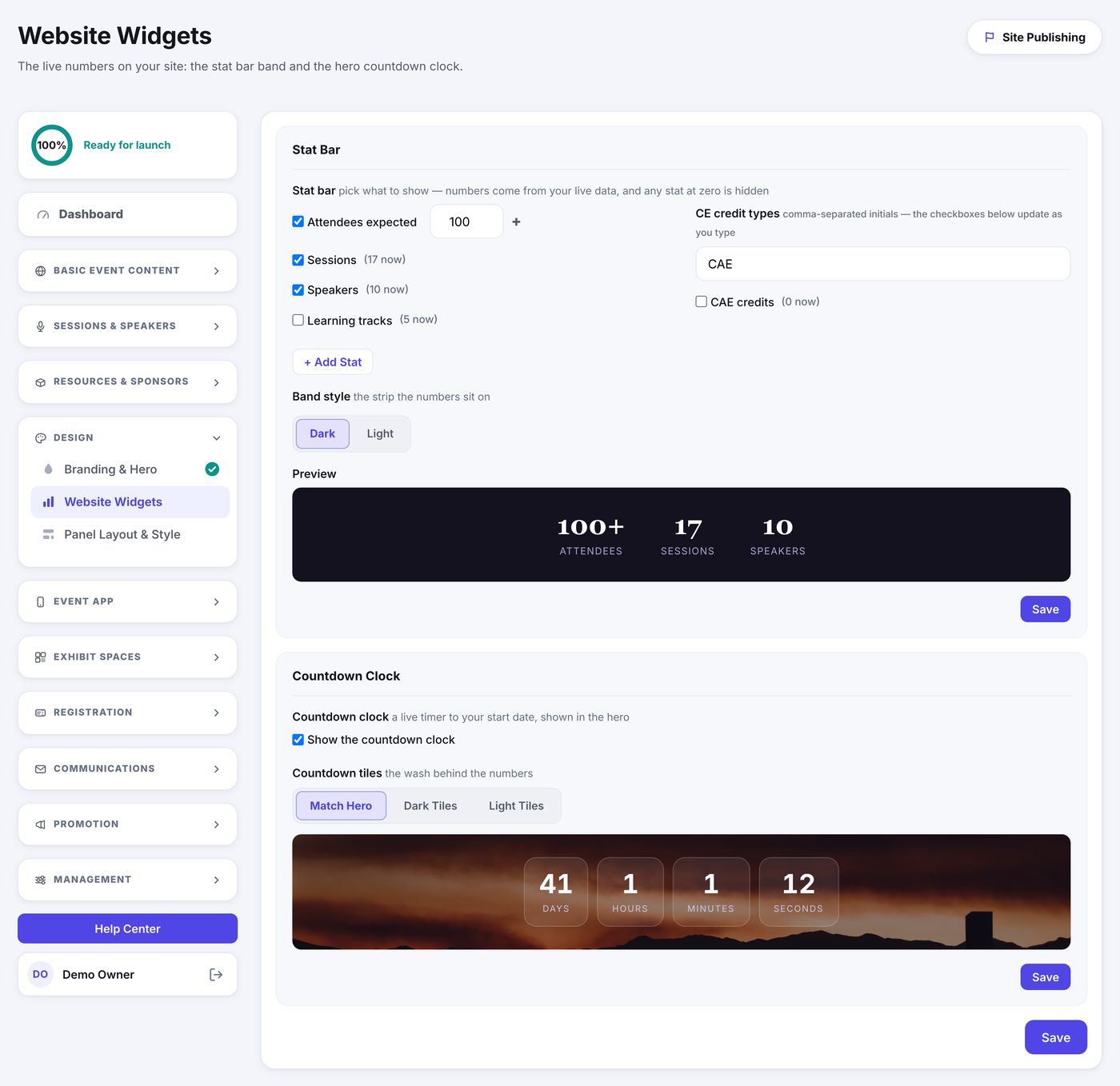 The Website Widgets page: stat bar checkboxes with live counts, a dark band preview, and the countdown clock with its tile styles