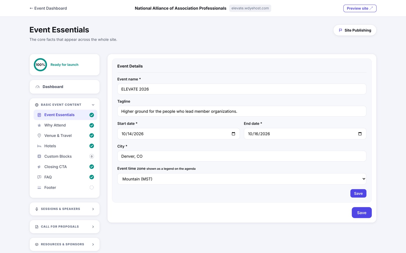The event workspace: the left menu and the dashboard beside it