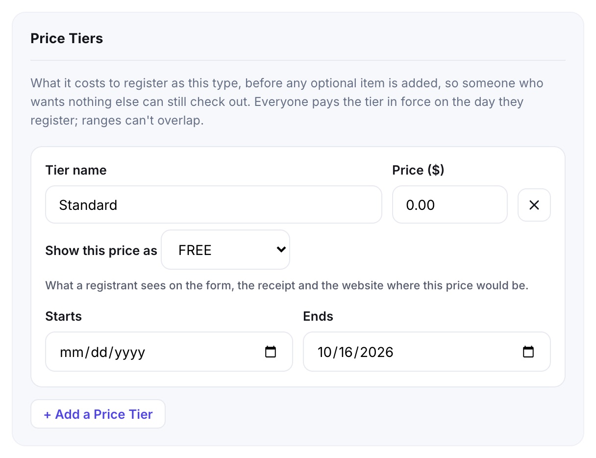 A price tier with the price at 0.00 and the Show this price as menu set to FREE, above the tier's start and end dates